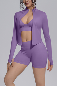 Women's Seamless Bra&Stand Collar Jacket &Shorts 3 Piece Set