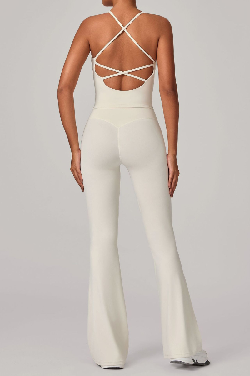 Women's Athletic Set:U-neck Cross Back Tank Top&Flare Pants