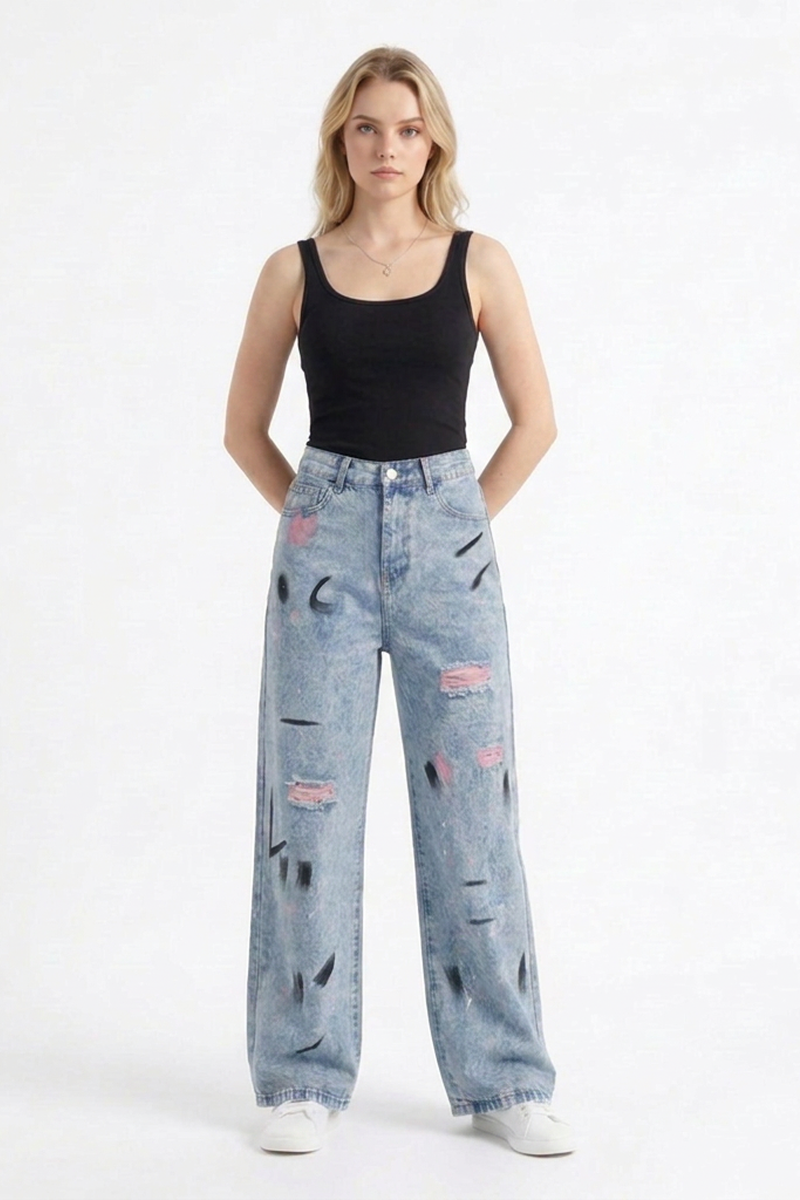 Women's High Waist Graffiti Ripped Wide Leg Jeans