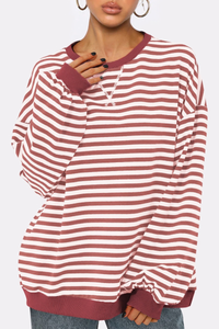 Women Fall Contrast Striped Lantern Sleeve Loose Sweatshirt