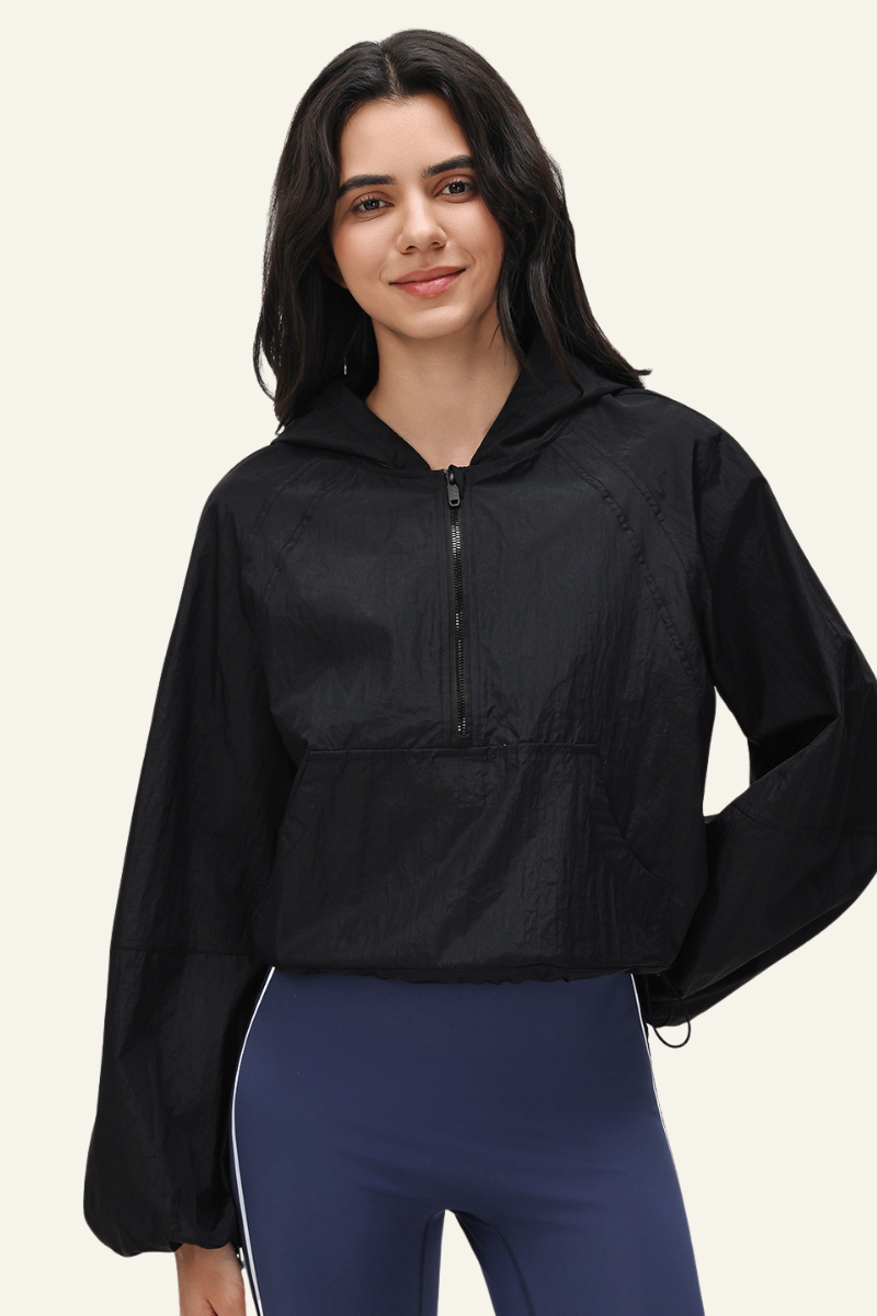 Women's Nylon Half-Zipper Athletic Hooded Sweatshirts