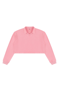 Women's  Fall 100% Cotton Collared V-Neck Crop Sweatshirt