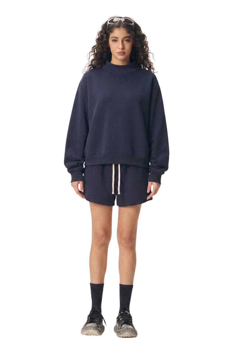 Women Loose Set:Mock Neck Sweatshirt + Shorts