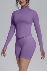 Women's Seamless Stretchy Jacket And No Front Seam Short Set