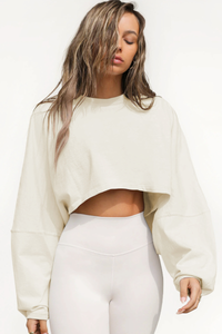 Women's Fall Cropped Drop Shoulder Relaxed Long Sleeve Top