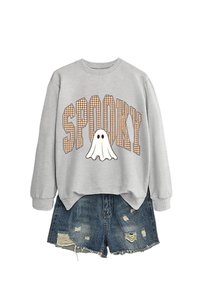 Women's Fall Halloween Plaid Ghost Print Oversize Pullover