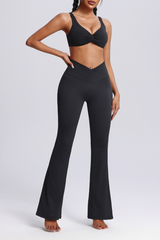 Women's Twisted Sports Bra & Cross-Waist Flare Pants Set
