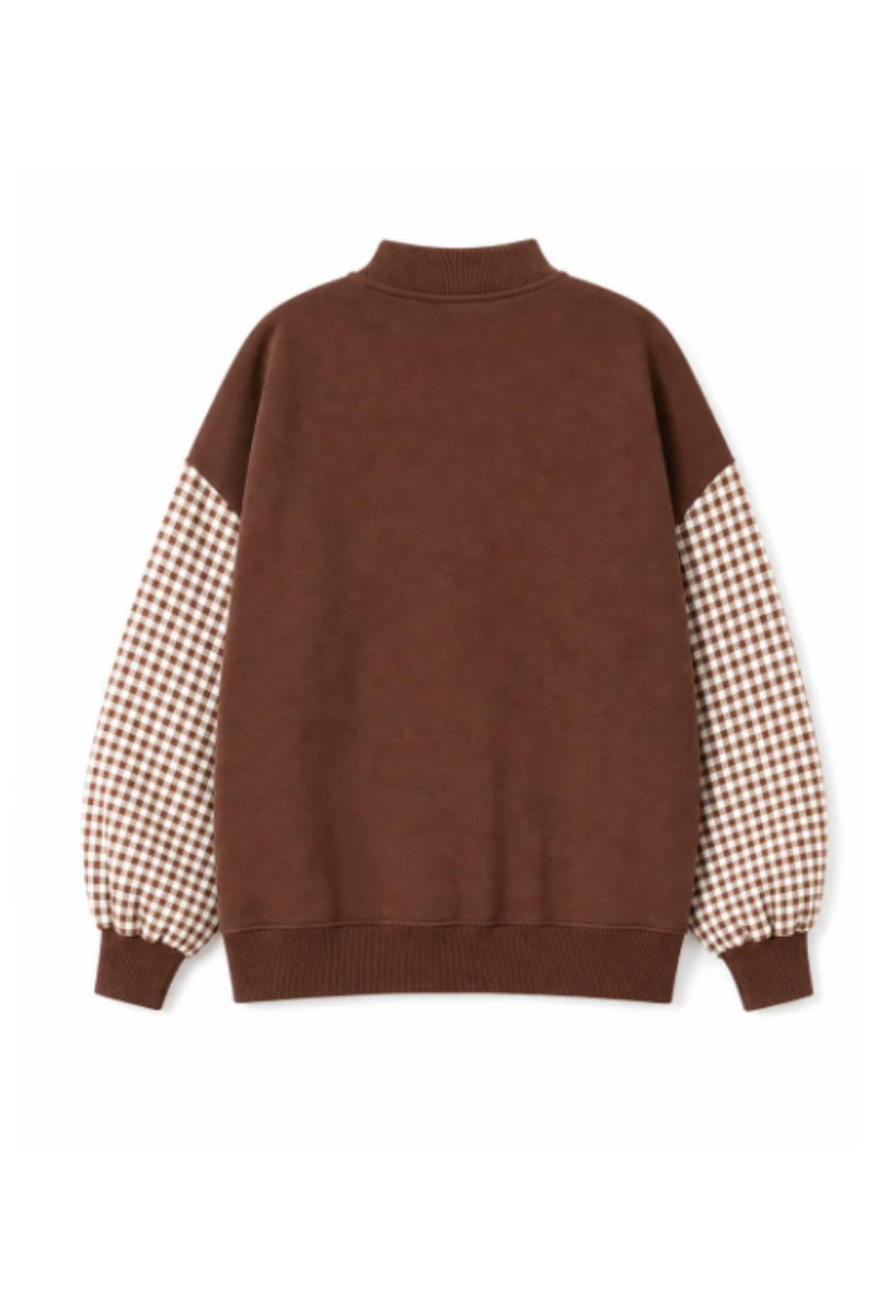 Women's Fall Gingham Spliced Oversize Mock Neck Sweatshirt