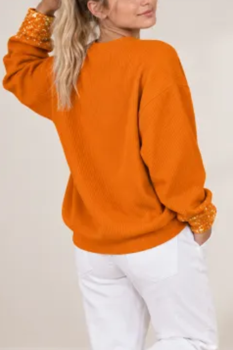 Women's Fall Halloween Cute Pumpkin Glitter Print Pullover
