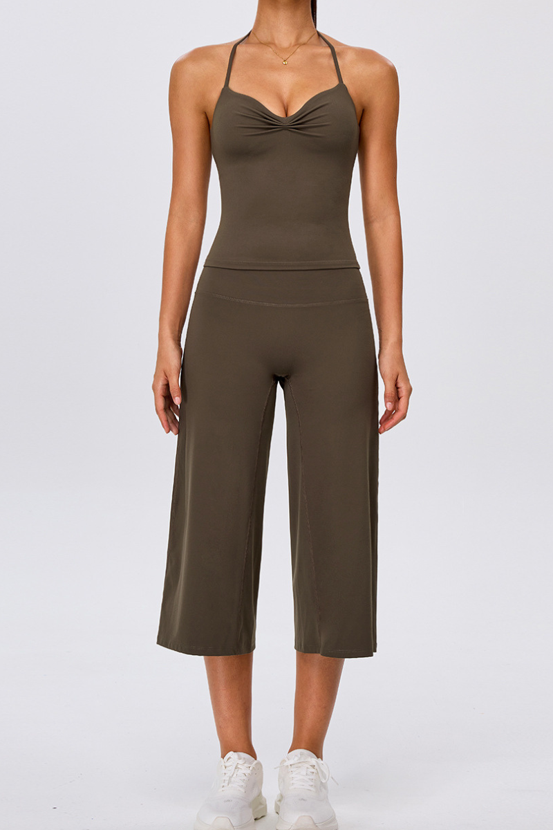 Women's Yoga Sets:Halter Twist Tank Top &Wide Leg Capri Pant