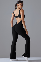 Women's U-neck Pleated Buttocks Lift Flared Pants Jumpsuit