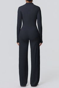 Women's Set:Collared Zippered Jacket And Wide Leg Pants