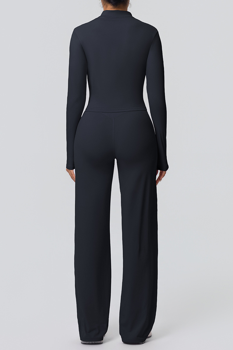 Women's Set:Collared Zippered Jacket And Wide Leg Pants