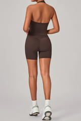 Women's Athletic Set:Halterneck Pleated V-neck Bra & Shorts