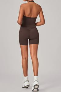 Women's Athletic Set:Halterneck Pleated V-neck Bra & Shorts