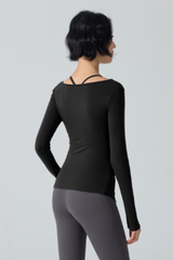 Women's Ribbed Double Twist Split V Neck Pilates Slim Fit Top