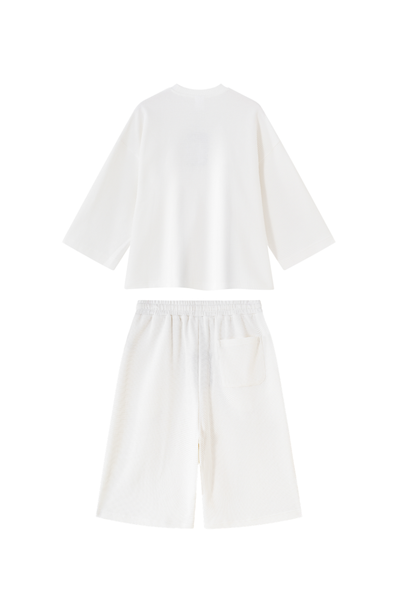 Unisex Waffle Knit Set:Loose Fit T-shirt &Knee Length Shorts