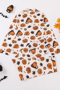 Women's Fall Halloween Pumpkin Black Cat Print Pajama Set