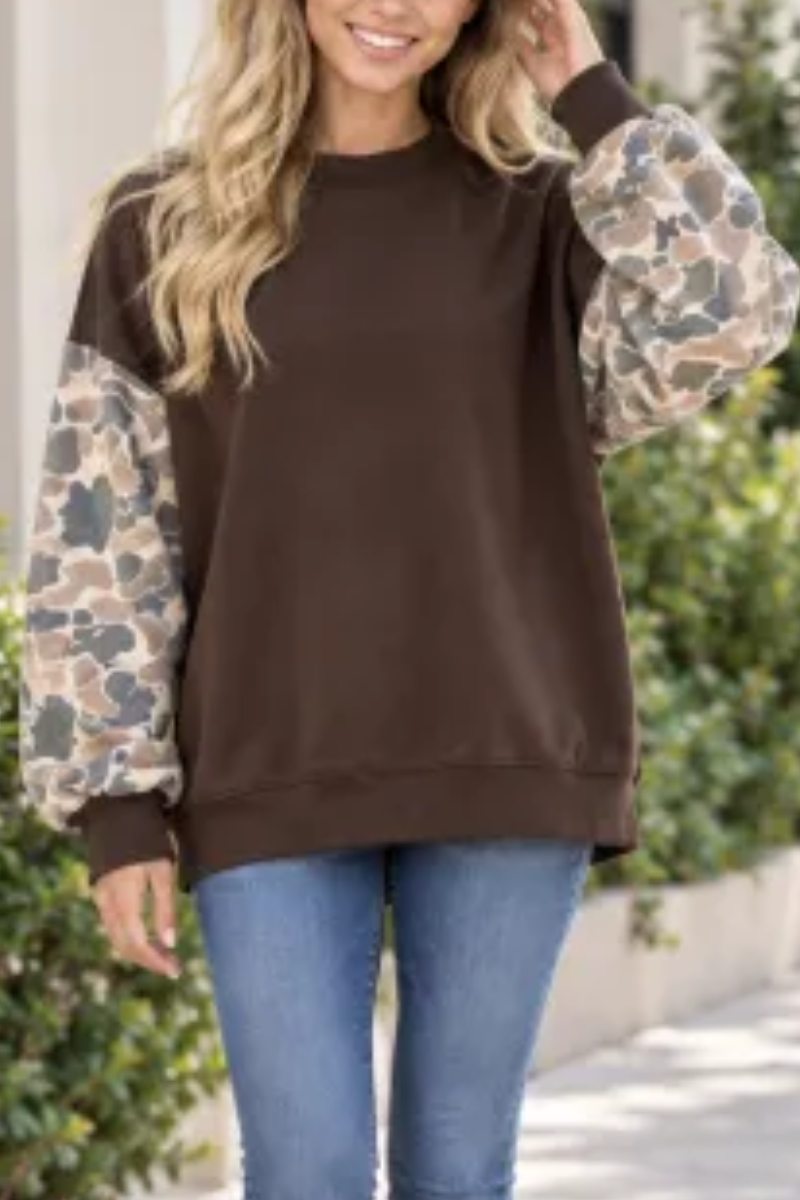 Women's Fall Color Block Camouflage Mockneck Sweatshirt