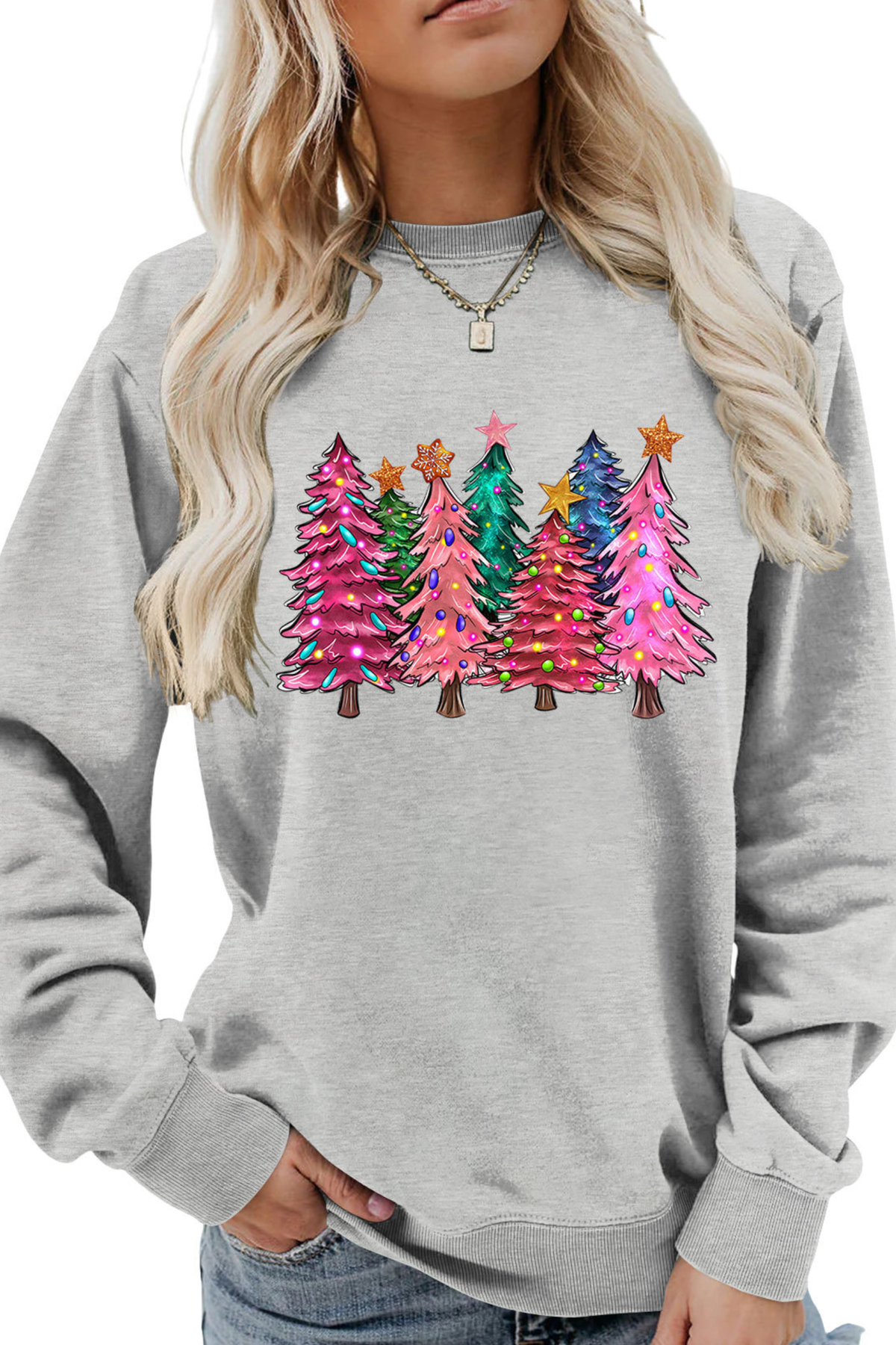 Women's Christmas Colorful Tree Print Crew Neck Sweatshirt
