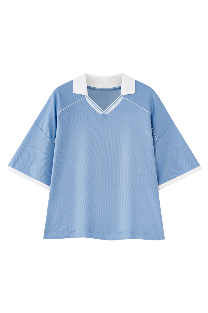 Unisex V-Neck Contrast Trim Polo Collar Sports T-shirt
