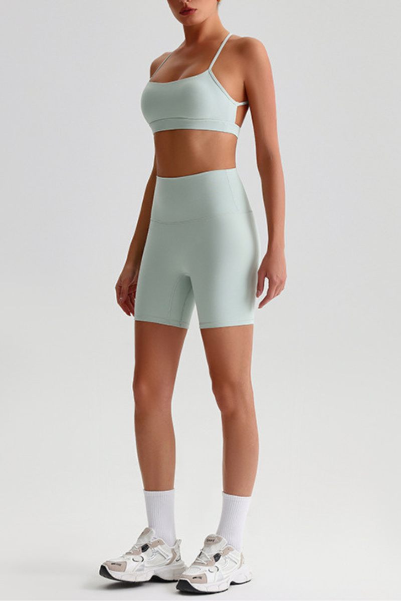 Women Bare Feel Halterneck Bra & High Rise Fitness Shorts Yoga Set