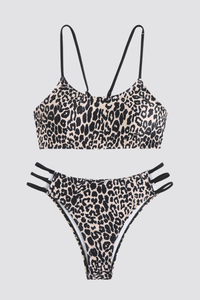 Women's Leopard Y-Back Metal Ring Bikini Set - 2pcs