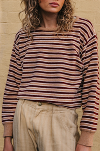 Women's Fall/Winter Striped Crew Neck Cropped Knit Sweater