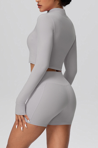 Women's Two Piece Set:Stand Collar Cropped Jacket And Shorts