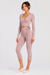 Women's Side Wrap Tie Long Sleeve Top And Capri Yoga Set