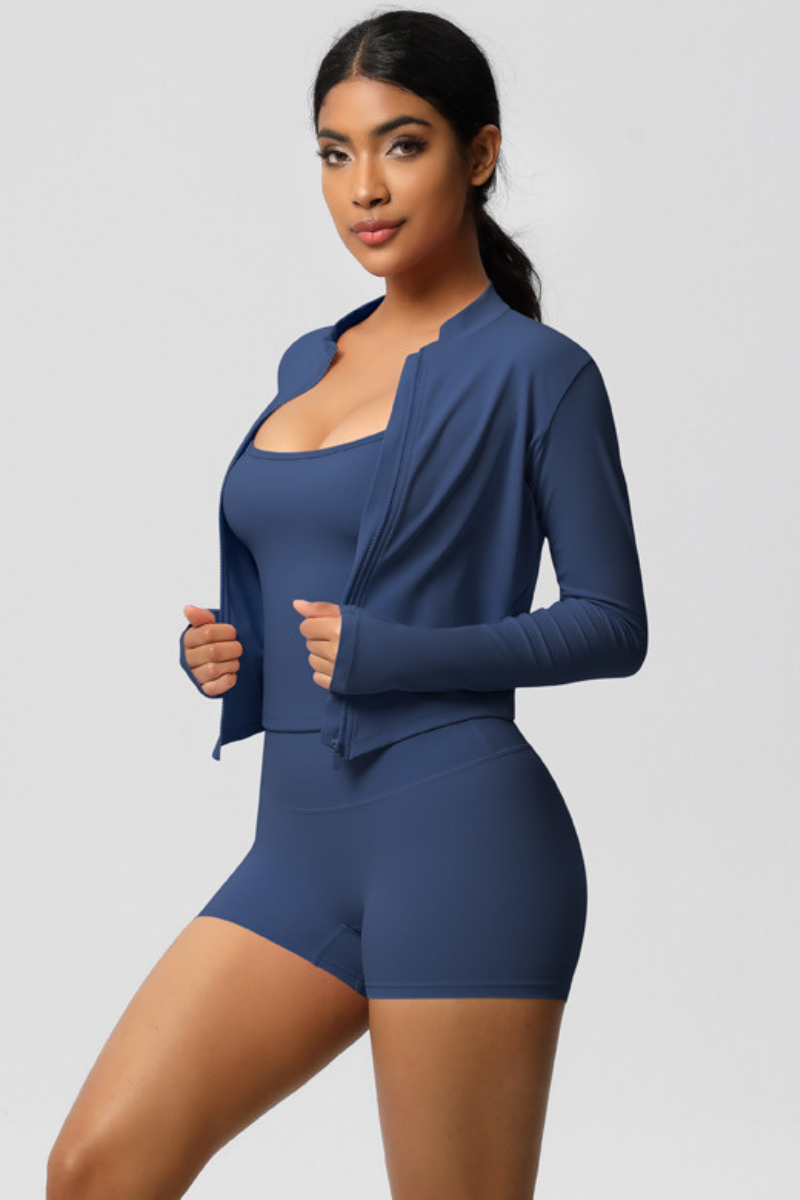 Women Tight Yoga Set:Brushed Sports Bra+ Zip Jacket + Shorts