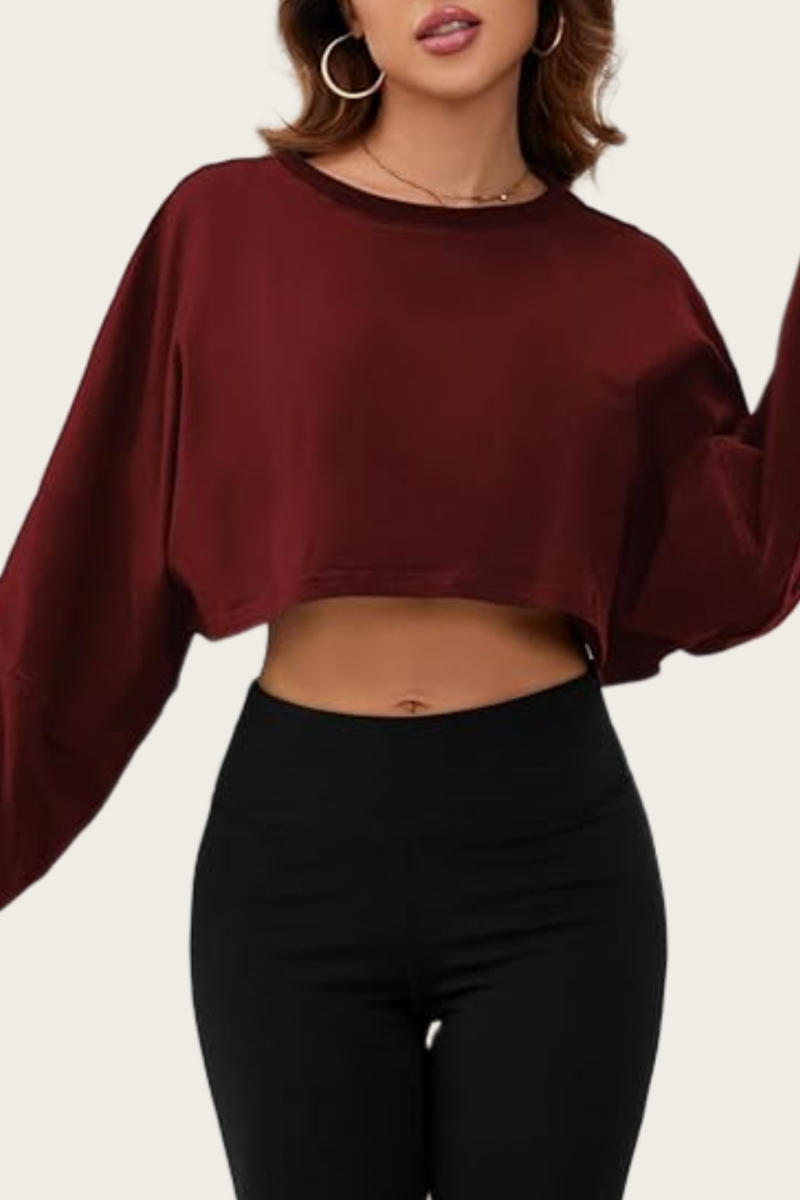 Women's Fall Cropped Drop Shoulder Long Sleeve Top