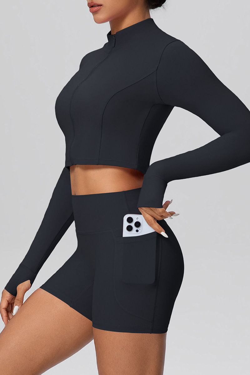 Women's Sport Set:Mock Neck Jacket And Side Pocket Shorts