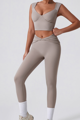 Women's Cropped Tank Top And Twist Cross Waist Leggings Set