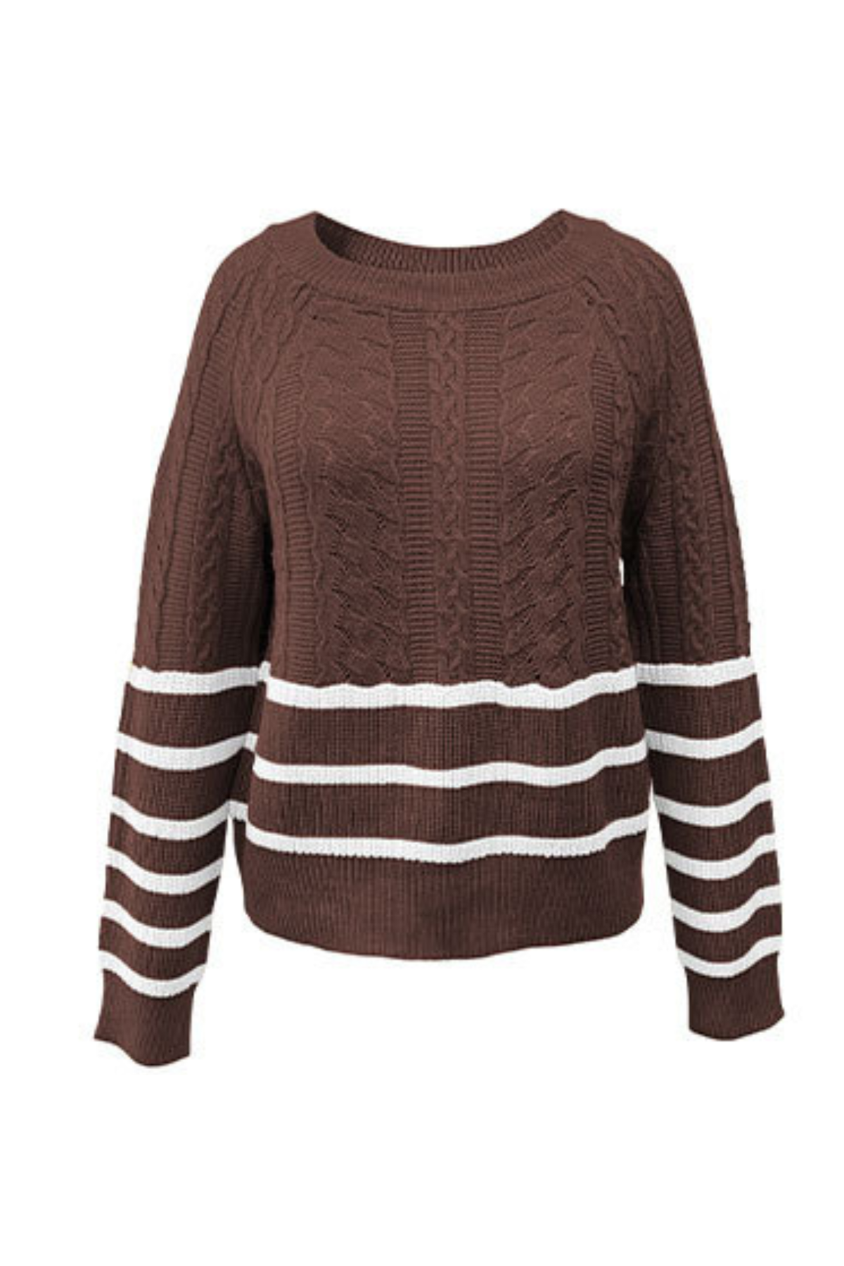 Women's Winter Crew Neck Cable Knit Contrast Stripe Sweater