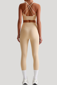 Women Naked Feel Cross Back Yoga Set: High Waisted Seamless Tummy Control Leggings + Crisscross Sports Bra
