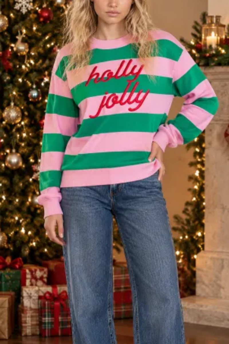 Women's Fall Christmas Embroidery Stripe Sweatshirt