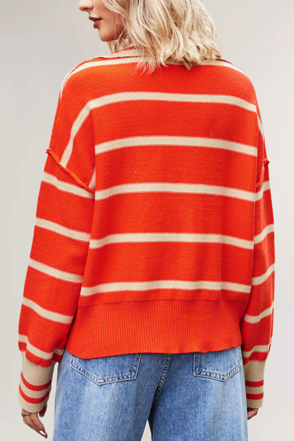 Women's Contrast Stripe Collared V Neck Knit Sweater