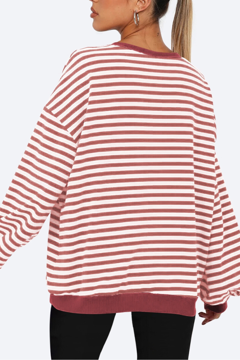Women Fall Contrast Striped Lantern Sleeve Loose Sweatshirt