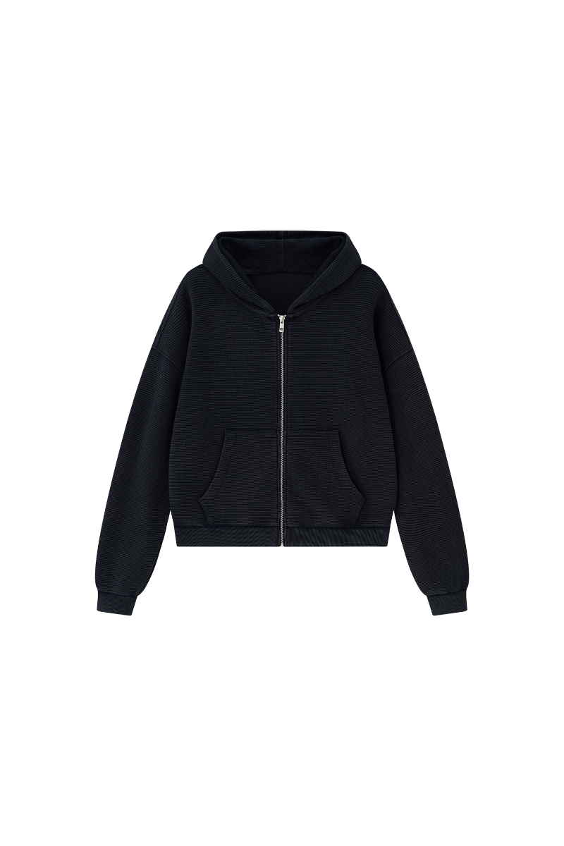 Unisex Fall Vintage Washed Waffle Full Zip Up Hooded Jacket