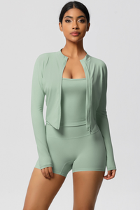 Women Tight Yoga Set:Brushed Sports Bra+ Zip Jacket + Shorts