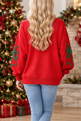 Women's Christmas Embroidery Bow Balloon Sleeve Sweatshirt