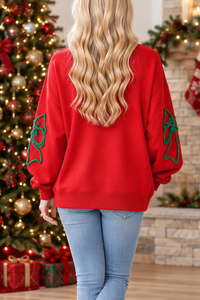 Women's Christmas Embroidery Bow Balloon Sleeve Sweatshirt