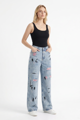 Women's High Waist Graffiti Ripped Wide Leg Jeans