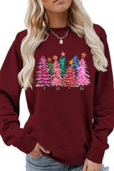 Women's Christmas Colorful Tree Print Crew Neck Sweatshirt