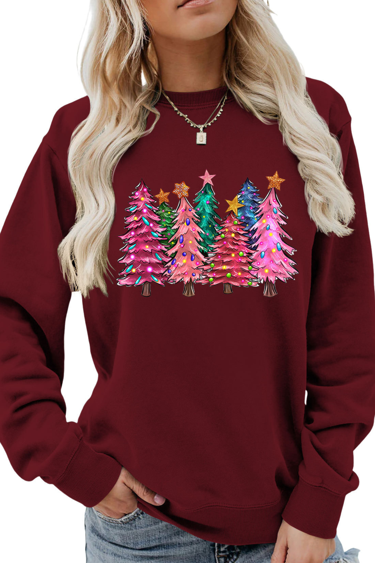 Women's Christmas Colorful Tree Print Crew Neck Sweatshirt