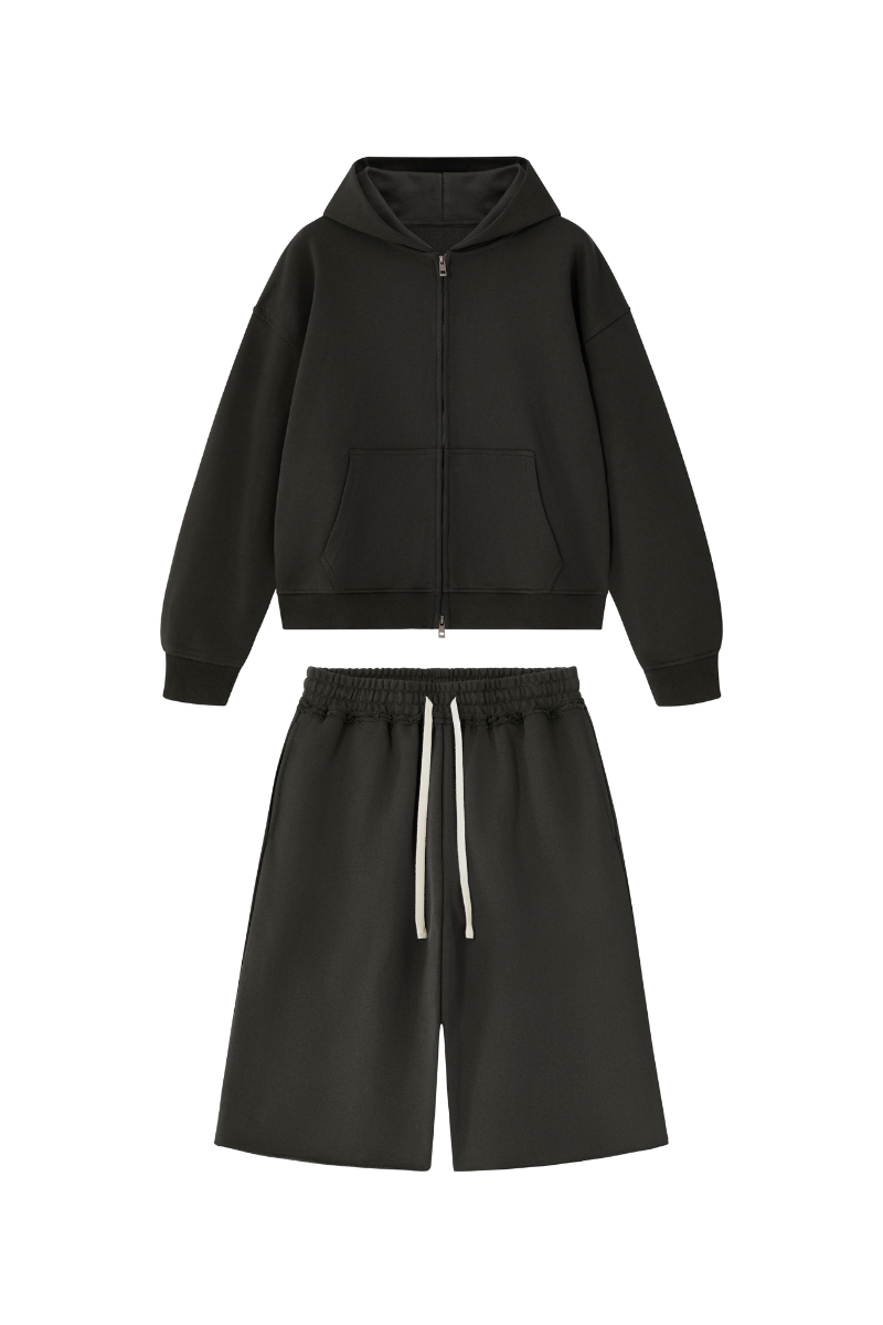 Men's 100% Cotton Loungewear Sets:Hooded Jacket &Mid Shorts