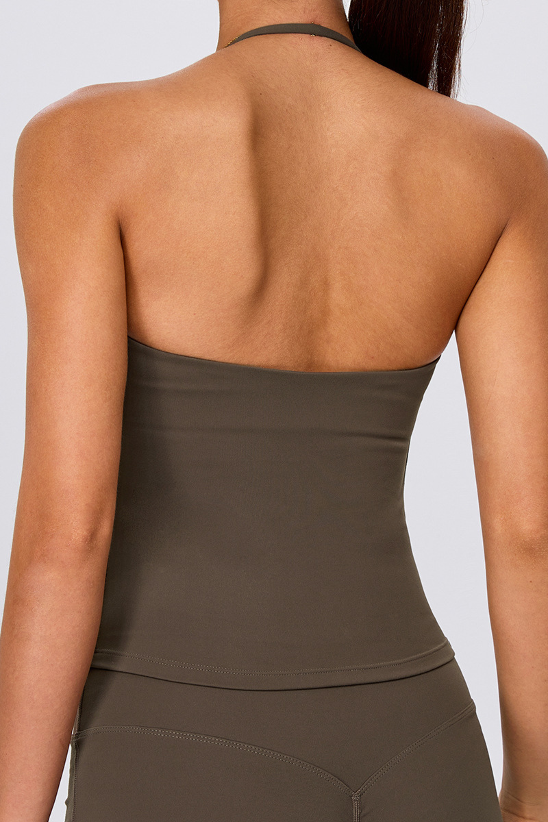 Women's Solid Halter Neck Pleated Padded Sports Tank Top