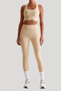 Women Naked Feel Cross Back Yoga Set: High Waisted Seamless Tummy Control Leggings + Crisscross Sports Bra
