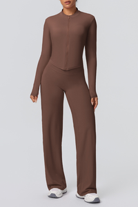 Women's Set:Collared Zippered Jacket And Wide Leg Pants